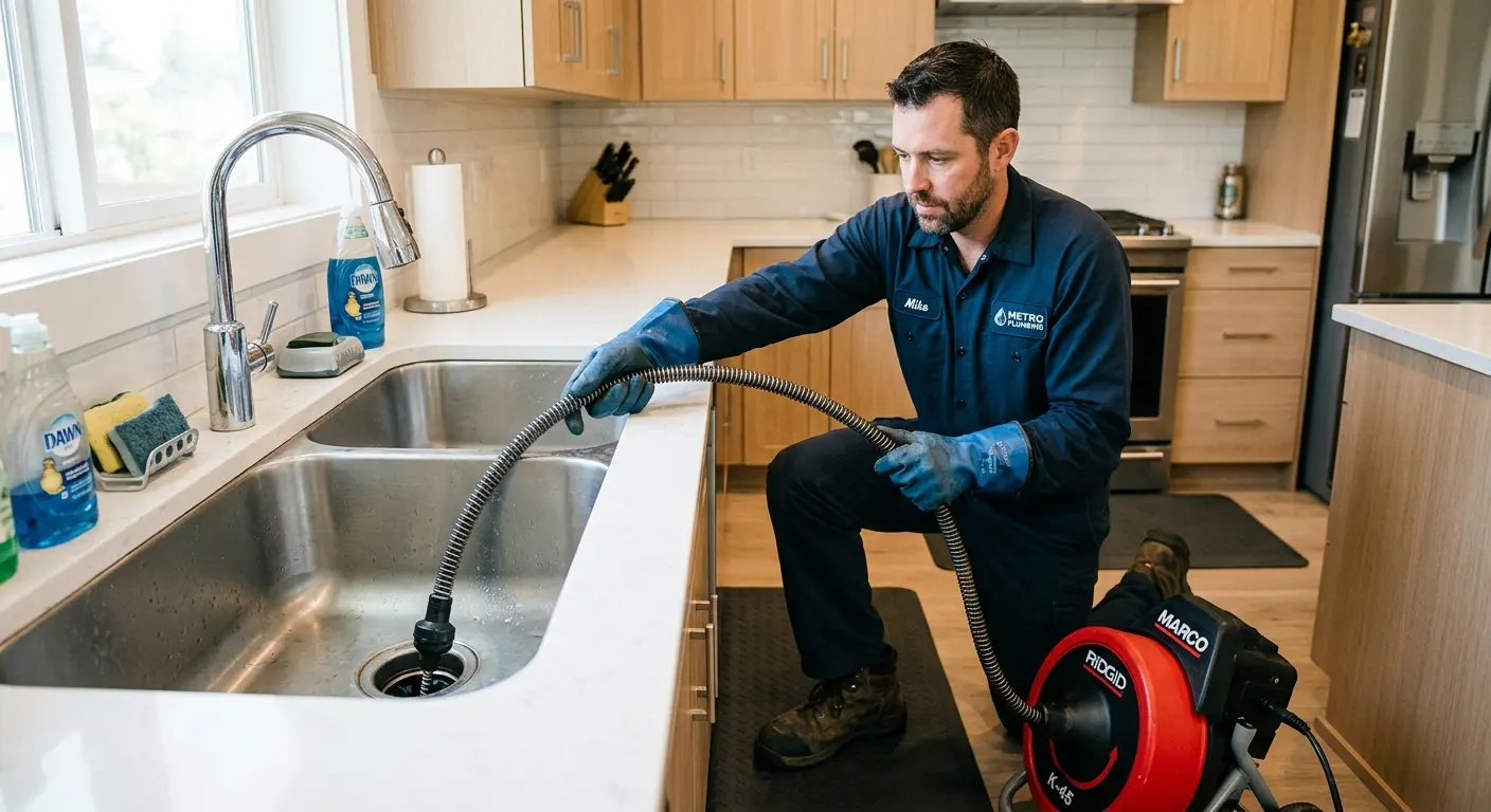 Drain cleaning technician using a motorized snake on a kitchen sink in Scottsbluff
