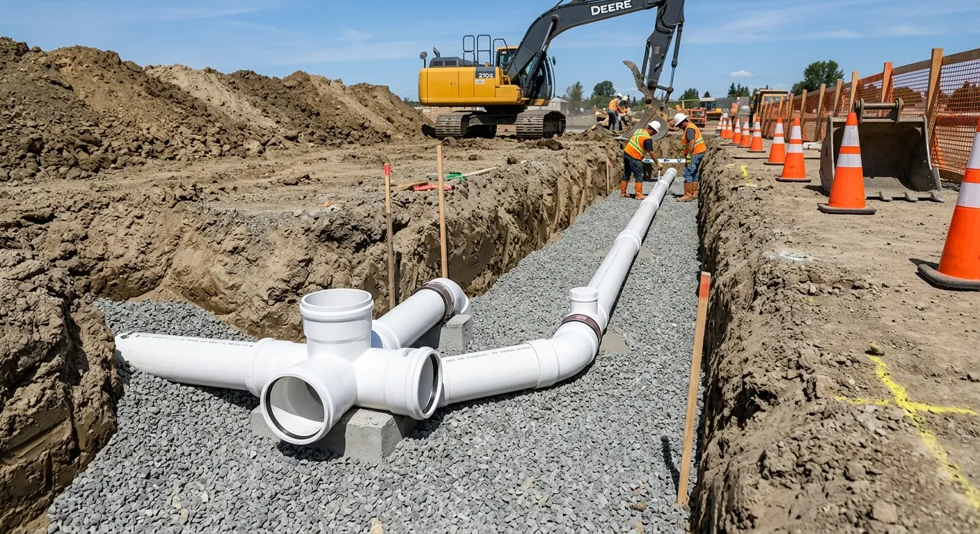 New PVC sewer pipe installation in open trench for Commercial Drain Cleaning in Scottsbluff