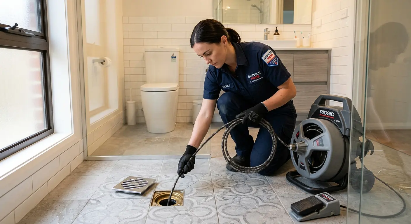 Technician clearing a bathroom floor drain for Sewer Line Replacement in Scottsbluff
